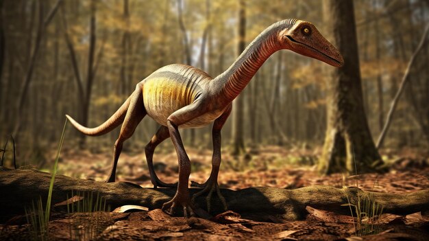 Zdjęcie compsognathus longipes w lesie dinozaur z późnej jury generative ai