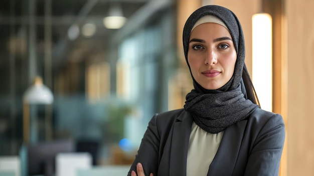 Zdjęcie confident arab businesswoman standing in office and looking at camera