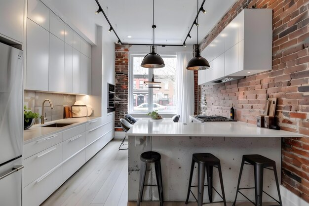 Zdjęcie contemporary modern kitchen interior in white with concrete details