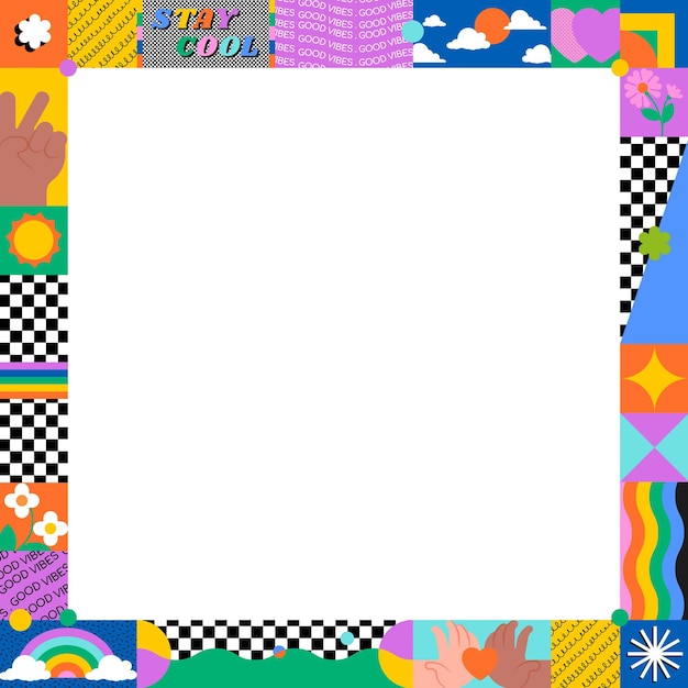 Cool 90s png ramka kwadratowa kolorowa granica przezroczyste tło