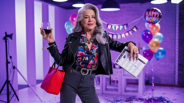 Zdjęcie cool grandmother posing in studio wearing fashionable clothes and making party