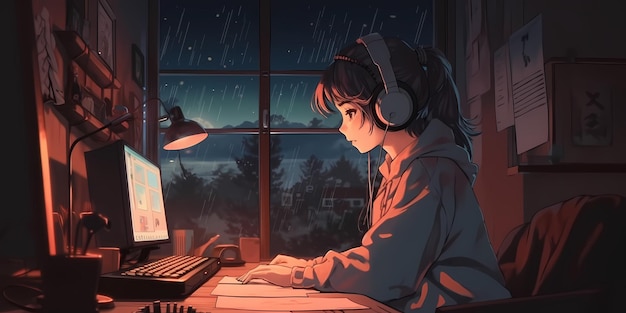 Cool Lofi Girl studiuje przy biurku Deszcz lub pochmurno na zewnątrz piękna chłodna atmosferyczna tapeta Strumieniowanie 4K w tle lofi styl hiphopowy Anime styl mangi Generative ai