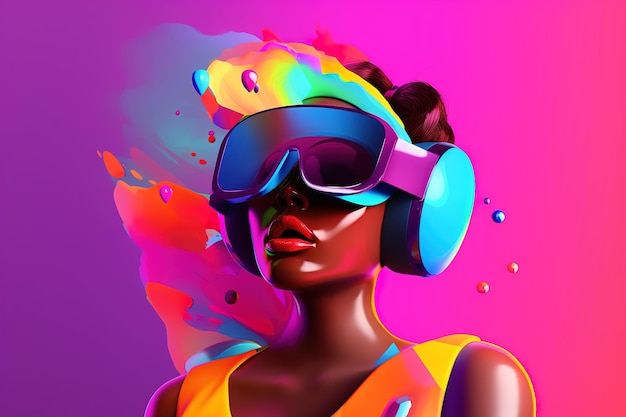 Cool zmysłowa młoda kobieta pochodzenia afroamerykańskiego w okularach VR i słuchawkach Czarna kobieta ciesząca się nowymi technologiami wirtualnej rzeczywistości Kolorowa ilustracja generatywnej sztucznej inteligencji