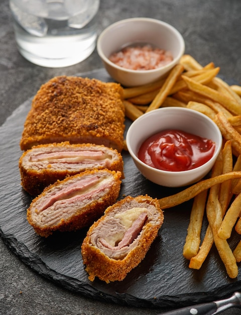 Cordon bleu i frytki Kurczak Cordon bleu Sznycel owinięty wokół szynki i sera panierowany i smażony