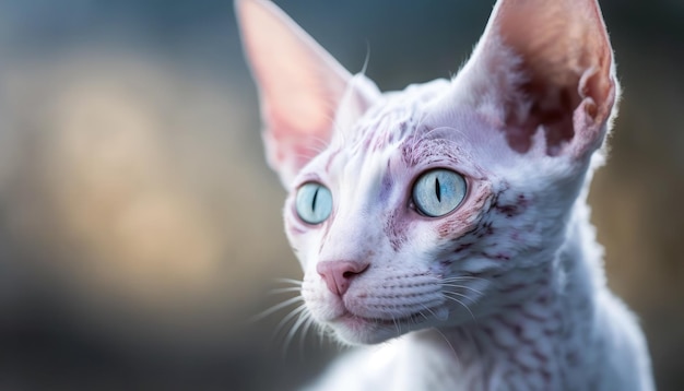 Cornish Rex Cat Średni strzał Biały Różowy Niebieski Magiczny Fantasy Bokeh Generacyjna sztuczna inteligencja