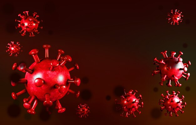 Coronavirus COVID-19. Mikroskopijny widok komórki na Coronavirus czerwonym tle. Analiza i test. Coronavirus 2019-nCov powieść. Wirus mikroskopu z bliska. Grypa, renderowania 3d
