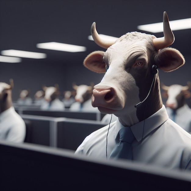 Zdjęcie corporate job call center pracownik hybid z zwierzęcą postacią krowy hyperrealistyczna ilustracja
