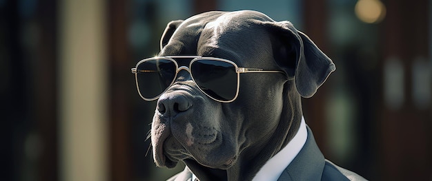 Corso cane z garniturem i okularami przeciwsłonecznymi