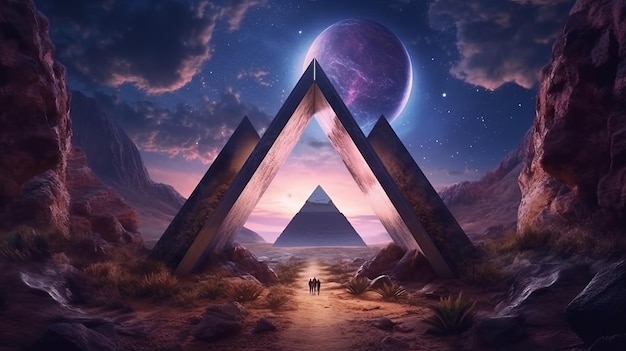 Cosmic surrealistyczny krajobraz Fantasy scifi ilustracji z piramidy i grupy ludzi Generative ai