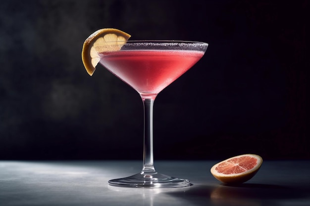 Cosmopolitan cocktail Różowy koktajl z plasterkiem krwistej pomarańczy na ciemnym tle