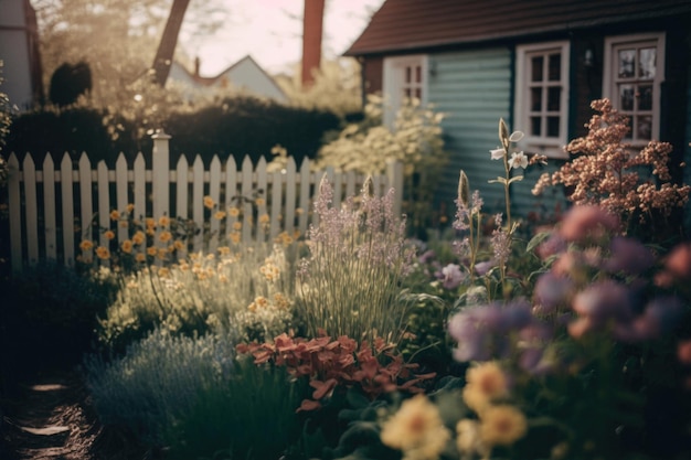 Cottage Garden z kwiatami Ilustracja AI Generative
