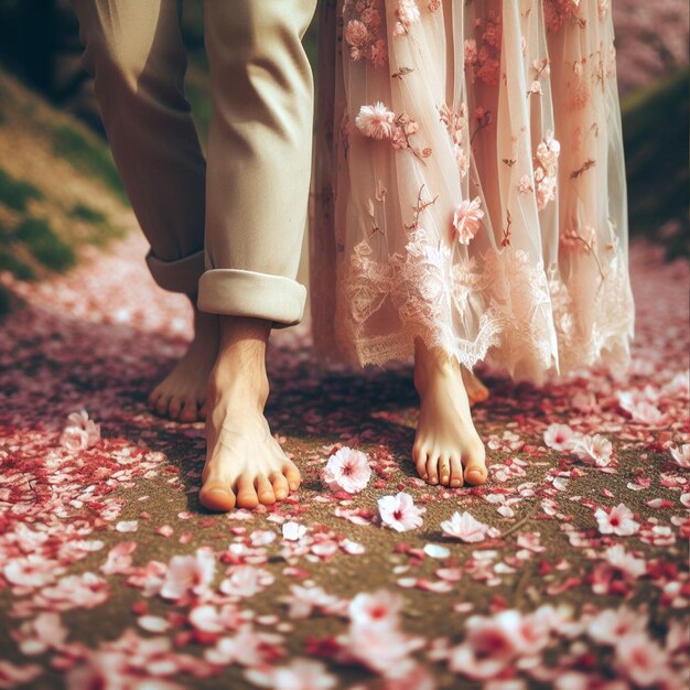 Zdjęcie couple in love walking on the pink cherry blossoms background