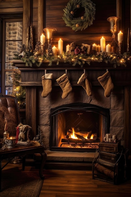 Zdjęcie cozy fireplace with stockings and garland created with generative ai
