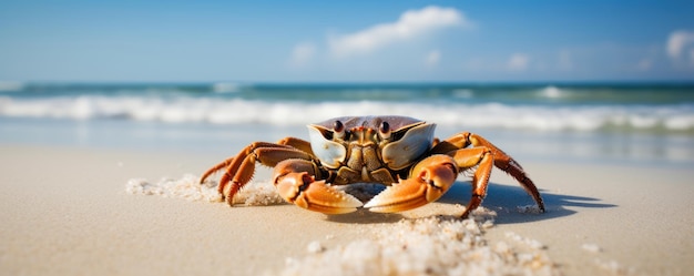 Crab sea marine na tropikalnym morzu i piaszczystej plaży tle błękitnego nieba Generative AI