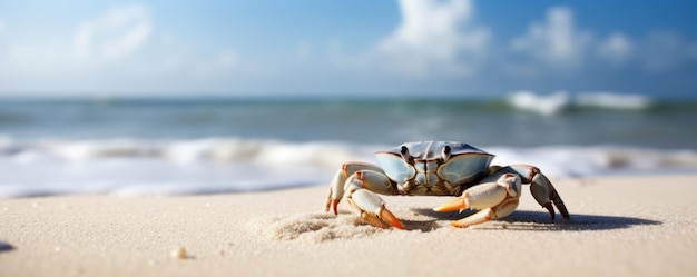 Crab sea marine na tropikalnym morzu i piaszczystej plaży tle błękitnego nieba Generative AI