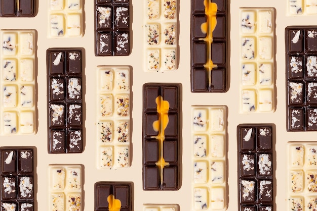 Craft białe mleko i czarne cukierki czekoladowe wzór na beżowym tle płaski widok z góry