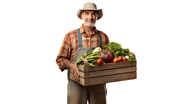 Zdjęcie crafter456 dojrzały rolnik niosący skrzynię pełną świeżych warzyw ef54b805