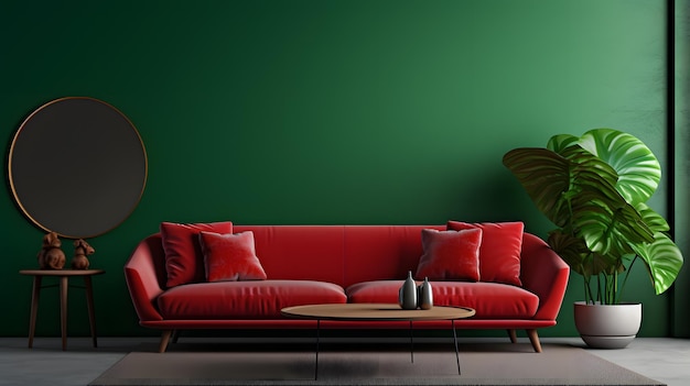 Crafter456 Wnętrze domu z czerwonym stolikiem sofa i dekoracją w zielonym ffa67b76