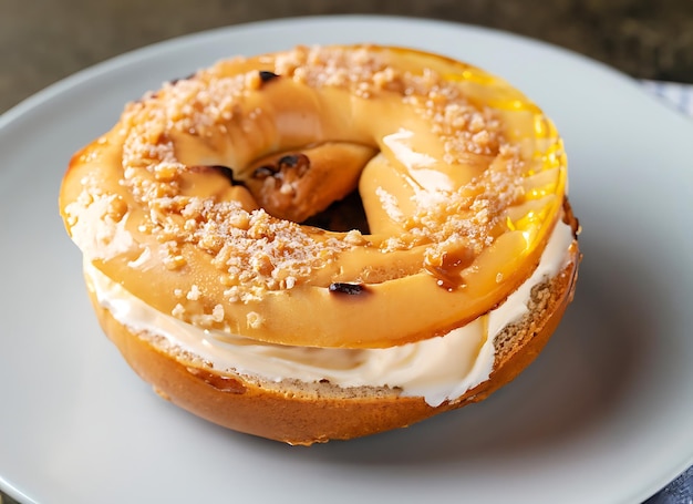 Creme brulee bagel wypełniający ser kremowy ze złotą skorupą i nałożony na talerz z bliska