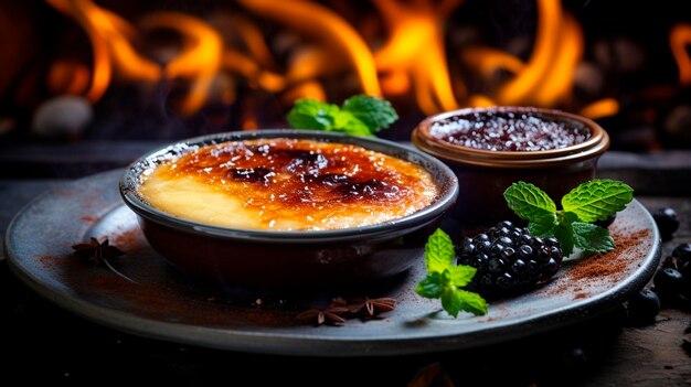 Creme brulee na talerzu Selektywne skupienie