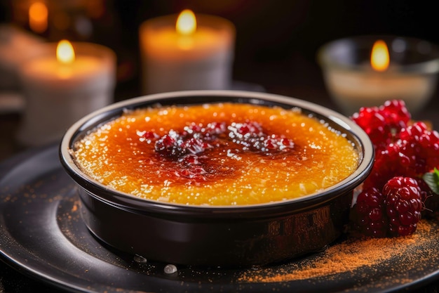 Zdjęcie creme brulee to kremowy krem pokryty karmelizowaną skórką cukrową