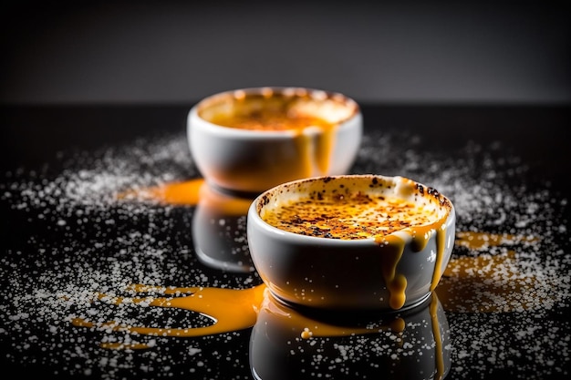 Creme brulee w białym talerzu ilustracja francuskiej śmietanki Generative AI