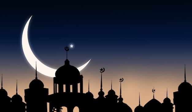 Zdjęcie crescent moon i gwiazda z cieniem meczety kopuła na tle gradientu zmierzchu. dla eid al-fitr, arabski, eid al-adha, nowy rok muharram. symbole religii ramadan kareem.