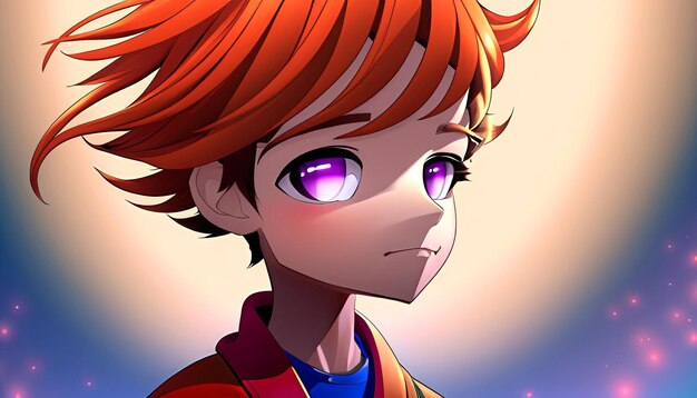 Zdjęcie crimson determination anime chłopiec z długimi czerwonymi włosami i zdecydowanym spojrzeniem ujawniającym