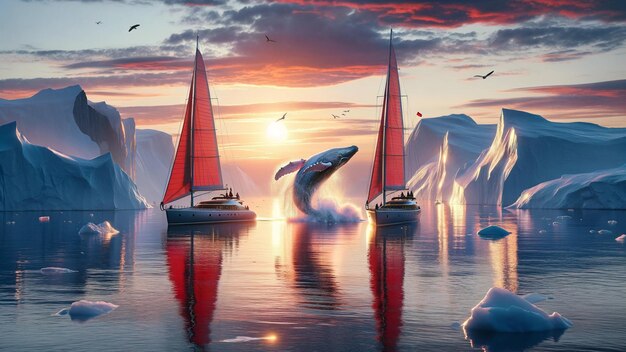 Crimson Sails Amidst Icebergs Arctic Ocean Adventure at Sunse Whale