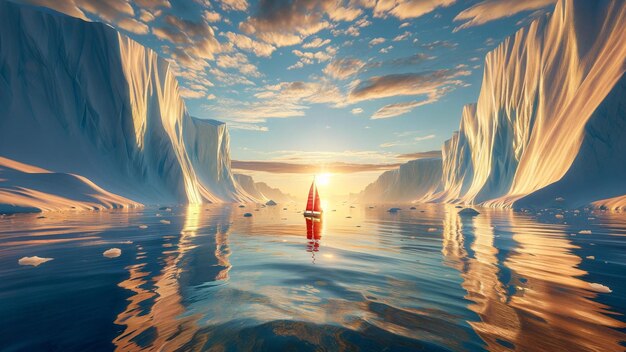 Crimson Sails Amidst Icebergs Arctic Ocean Adventure at Sunset