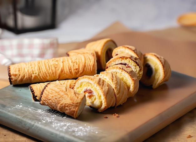 Zdjęcie crispy biscuit roll na kuchennym stole profesjonalna fotografia żywności