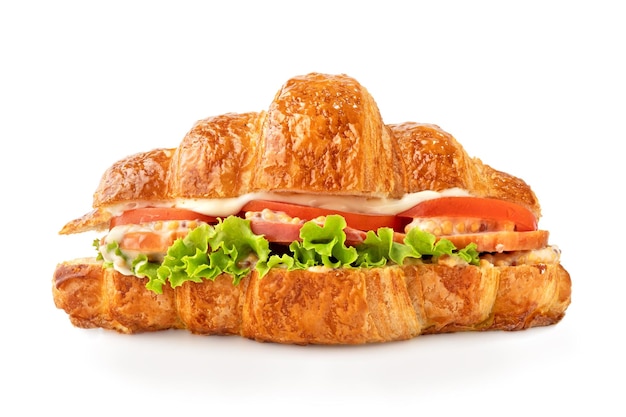 Croissant Kanapka Z Pomidorami Szynka Sałata Na Białym Tle Zdrowe I Fast Food