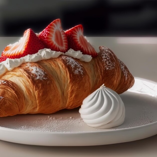 Zdjęcie croissant na białym talerzu, ze świeżą truskawką i bitą śmietaną.