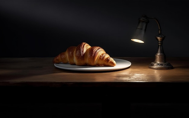 Croissant na stole z oświetleniem małej lampy