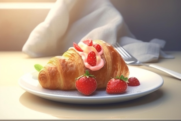 Croissant z truskawkami i talerz z łyżką.