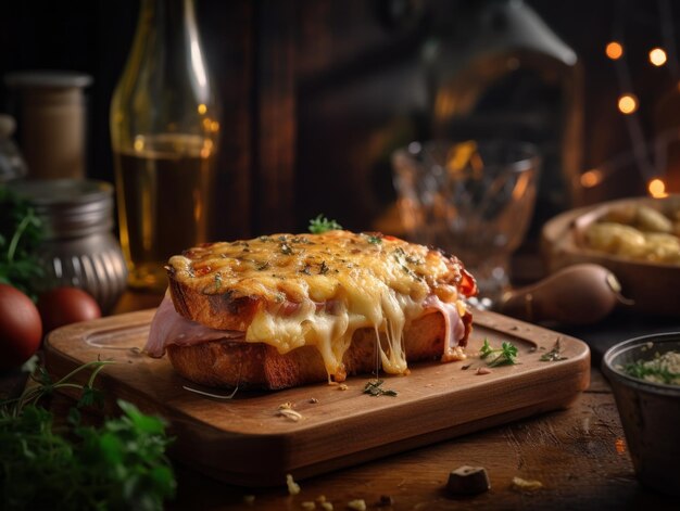 Zdjęcie croque monsieur w wiejskiej kuchni fotografia żywności