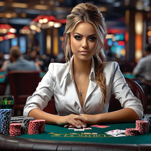 Croupier dziewczyna przy stole pokerowym w pokoju pokerowym dla gry poker kasyno Texas gra online