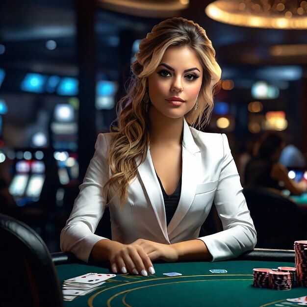Croupier dziewczyna przy stole pokerowym w pokoju pokerowym dla gry poker kasyno Texas gra online