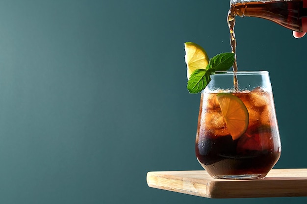 Cuba libre czyli koktajl long island z polewaniem rumu cola i limonką w szkle na drewnianej desce na ciemnym tle