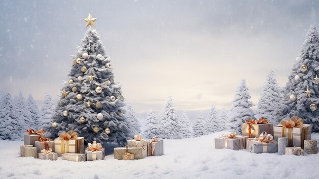 Cudowna choinka z dekoracjami śnieżnymi i pudełkami podarunkowymi Magia świąteczna