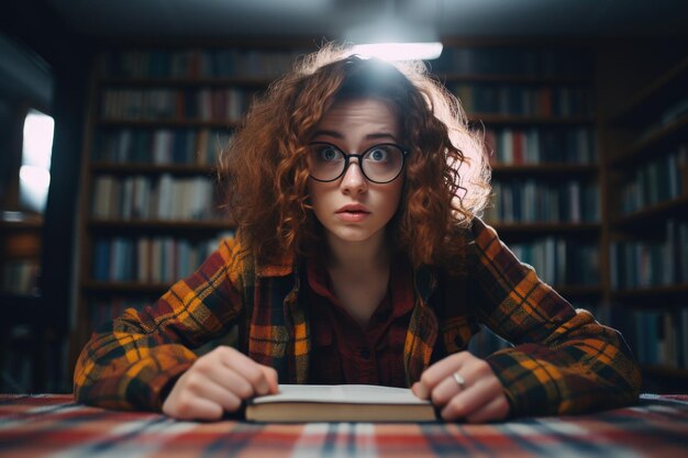 Cudowna dziewczyna z okularami na nosie, rozkoszując się stronami książki. W cichym sanktuarium biblioteki staje się jednością ze słowem pisanym.