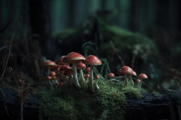Cudowna fantazja grzybów makro widok czerwonych i zielonych grzybów w ciemnym lesie