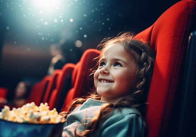 Cudowna mała dziewczynka oglądająca kino jedząca popcorn i uśmiechająca się Koncepcja rozrywki