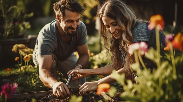 Zdjęcie cudowna uśmiechnięta para mężczyzna i kobieta w ogrodzie cudowna słoneczna pogoda
