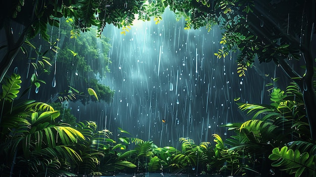Zdjęcie cudowne opady deszczu na gęstych lasach tropikalnych