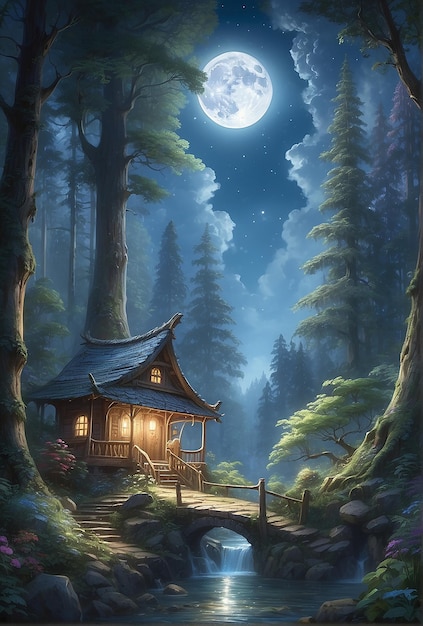 Cudowne oświetlone przez miękkie oświetlenie księżyca w mistycznym lesie wyświetla