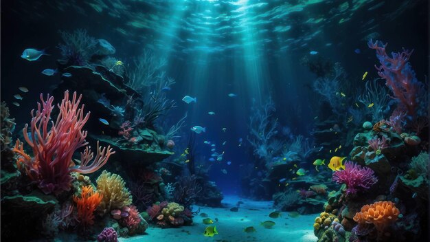 Cudowne podwodne krajobrazy z rozświetlonymi koralowymi rafami
