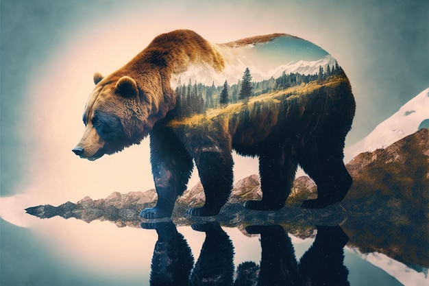 Cudowny brązowy niedźwiedź grizzly w podwójnej ekspozycji z naturalnym lasem tajgi