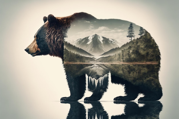 Cudowny brązowy niedźwiedź grizzly w podwójnej ekspozycji z naturalnym lasem tajgi