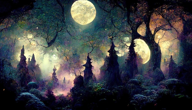 Cudowny jasny księżyc nad magicznym ciemnym bajkowym lasem w nocy Generative Ai